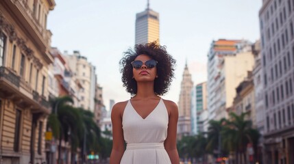 A confident woman in sunglasses stands in an urban setting with skyscrapers and palm trees, exuding a sense of success and style.