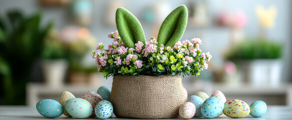 Wall Mural - A basket of Easter eggs and flowers sits on a table. The basket is filled with a variety of eggs, including some that are painted and others that are plain. The flowers are pink and green