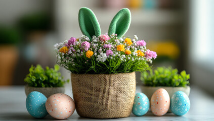 Wall Mural - A basket of Easter eggs and flowers sits on a table. The basket is filled with a variety of colorful eggs and flowers, including a green bunny. Concept of joy and celebration