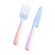 © Neural3D - This image features a colorful fork and knife set with soft pastel handles, designed for a modern dining experience.