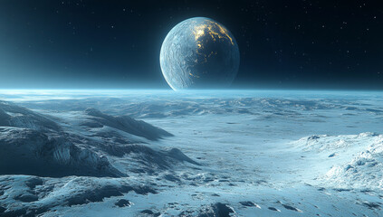 Wall Mural - a large planet with a bright blue sky and a large white moon. the sky is filled with stars and the m