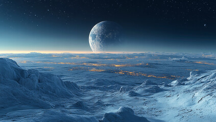 Wall Mural - a large planet is floating in the sky above a vast, empty landscape. the sky is dark and the planet 