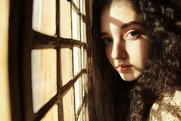 Wall Mural - A young woman with curly hair gazing thoughtfully through a window with sunlight streaming in.