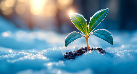 Wall Mural - A small plant is growing in the snow. Concept of hope and resilience, as the plant continues to grow despite the harsh winter conditions