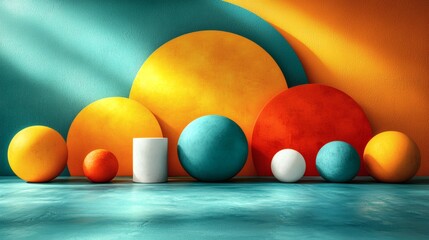 Wall Mural - Vibrant Sphere and Circle Composition: A captivating arrangement of colorful spheres and circles in teal, yellow, orange and white, bathed in sunlight.