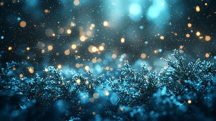 Poster - Magical winter night scene with glowing bokeh lights and frosty plants.