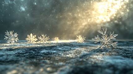 Canvas Print - Sparkling snowflakes on frosty ground at sunrise.