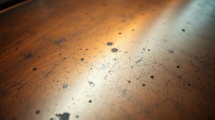 Abstract network pattern on a textured, bronze-toned surface.  Intricate lines and dots create a complex design.