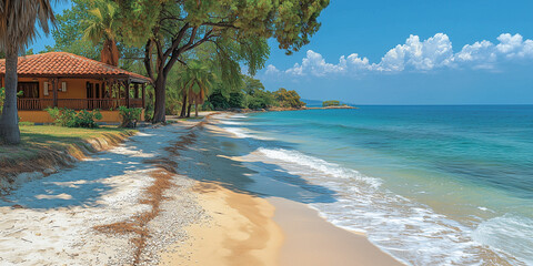 A beautiful beach scene with a tropical house, trees, and turquoise water under a bright sky.