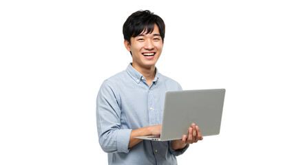 a young man smiling an holding laptop on transparent background, man with laptop png