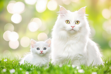 Wall Mural - A fluffy white cat and kitten sitting on green grass with a blurred bokeh background.