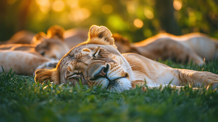 group of many lioness wild cat animals lying on the ground, resting on a grass meadow field outdoors