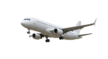 Fototapete - White passenger jet plane flying isolated on white background