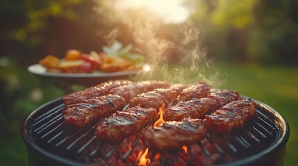 Backyard grilling kebabs sunset summer food