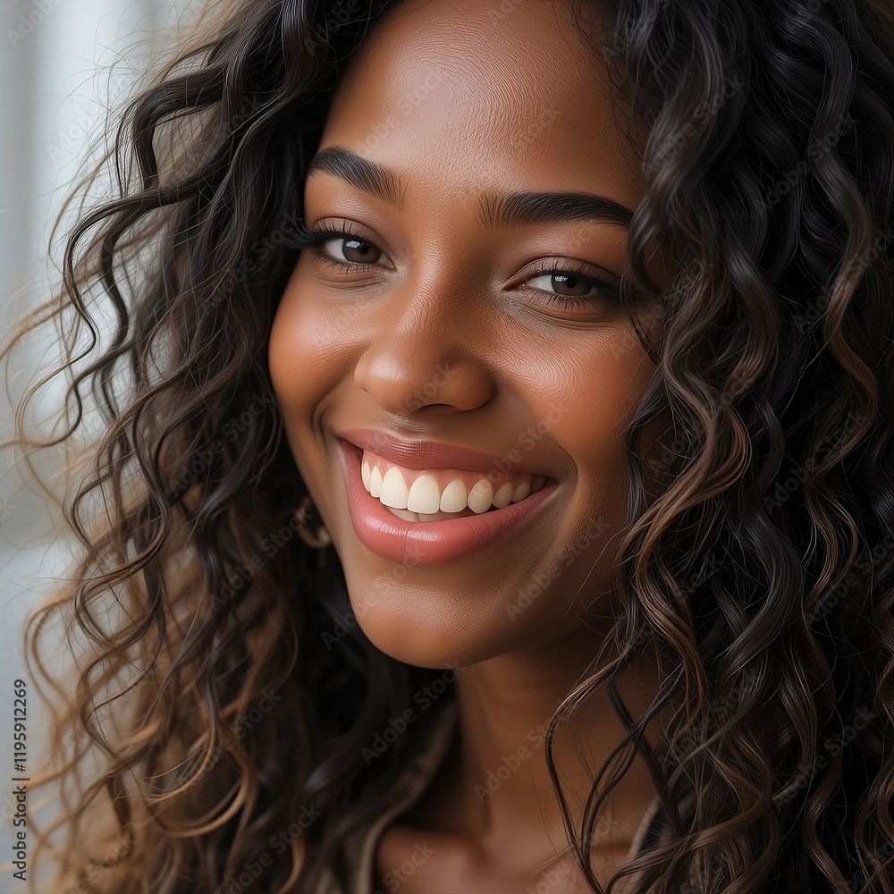 Portrait of a black smiling woman with curly hair, close up of an ...