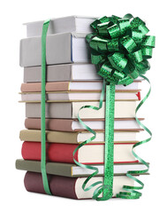 Wall Mural - Stack of books with green bow as gift isolated on white