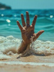 Canvas Print - Hand emerging from sand at the beach. AI.