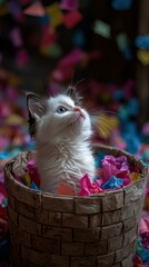 Wall Mural - A fluffy white kitten nestled in colorful paper shreds. AI.