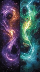 Wall Mural - stunning cosmic nebula art featuring vibrant purple and green swirls with stars and asteroids in dee
