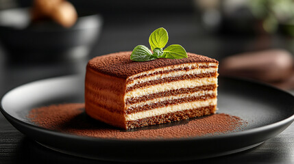 Wall Mural - A delicious piece of tiramisu cake with layers of coffee-soaked ladyfingers and creamy mascarpone served on a black plate with blurred background and caption space on the side
