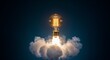 © schiers_images - A representation of an innovative idea symbolized by a glowing light bulb with smoke resembling a rocket liftoff, set against a dark gradient background evoking mystery and imagination.