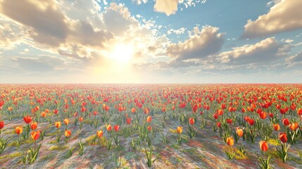 Wall Mural - Sunset over a vast field of red and orange tulips.