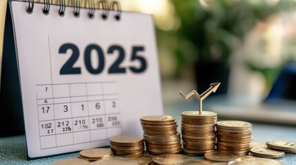 Aufkleber - 2025 year calendar with stacked coins and upward arrow, depicting financial growth and planning.