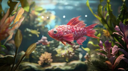 Canvas Print - Pink fish swimming in vibrant underwater scene.