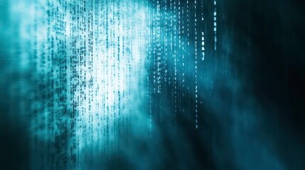 Poster - Abstract digital code stream, flowing data, teal and dark background, futuristic technology concept.