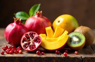 fresh pomegranate, mango, kiwi fruits arranged on rustic wooden table. vibrant colors highlight tropical theme. healthy eating, food styling. culinary blog, recipe design.