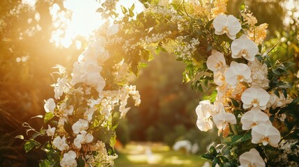 Wall Mural - Sunlit floral archway with white orchids.