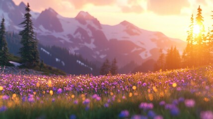 Wall Mural - Sunset over a field of wildflowers in the mountains.