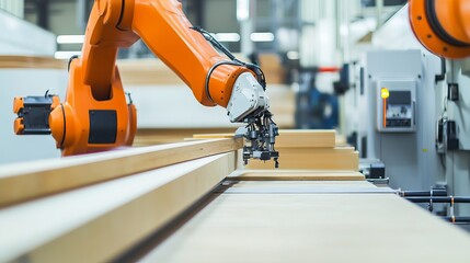Wall Mural - a robot managing automated wood cutting in a high-tech lumber processing plant with clean, organized