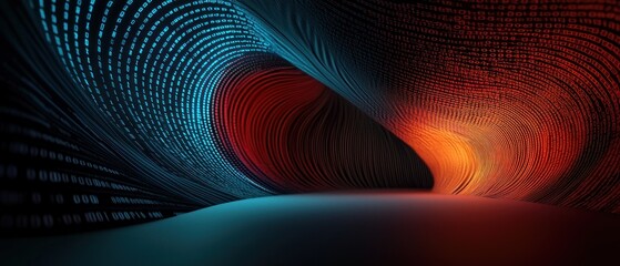Digital data tunnel; swirling binary code; abstract background; tech concept