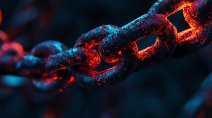 Poster - Glowing red and blue metal chain links close-up.