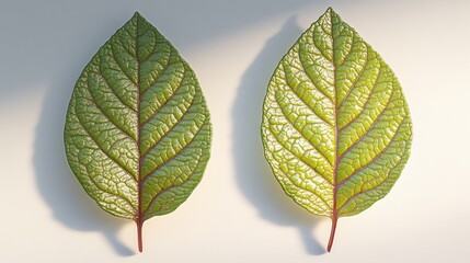 Two green leaves, studio shot, sunlight, white background, nature design