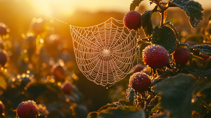 A spiderweb adorned with dew in the soft glow of early morning light, symbolizing fragile ecosystems, nature’s intricate beauty, and the delicate balance of life in a serene, blurred backdrop.


