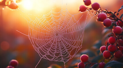 A spiderweb adorned with dew in the soft glow of early morning light, symbolizing fragile ecosystems, nature’s intricate beauty, and the delicate balance of life in a serene, blurred backdrop.

