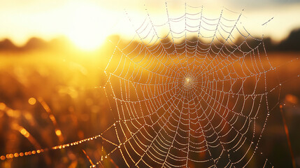 A spiderweb adorned with dew in the soft glow of early morning light, symbolizing fragile ecosystems, nature’s intricate beauty, and the delicate balance of life in a serene, blurred backdrop.

