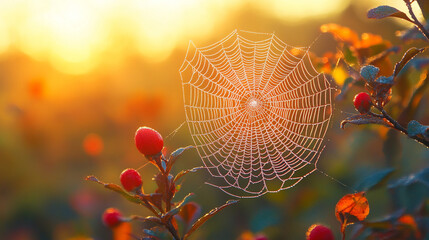 A spiderweb adorned with dew in the soft glow of early morning light, symbolizing fragile ecosystems, nature’s intricate beauty, and the delicate balance of life in a serene, blurred backdrop.

