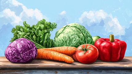 Wall Mural - Illustration of different various colorful vegetables including carrot, tomato, cucumber, beetroot and cabbage placed on wooden table under blue sky. fresh healthy organic natural food,farm plant diet