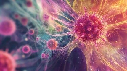 Aufkleber - Microscopic view of vibrant cells, interconnected and glowing, depicting a complex biological system.