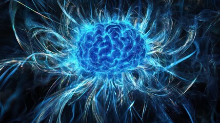 Aufkleber - Glowing blue brain with energy radiating outwards.