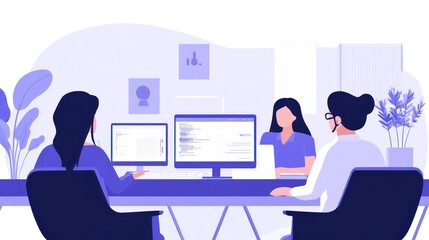 Poster - Three women collaborate on software development project in modern office.