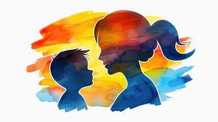 Wall Mural - Celebrate mom with a stunning watercolor card featuring graceful silhouettes of a mother and child, perfect for Mothers Day.