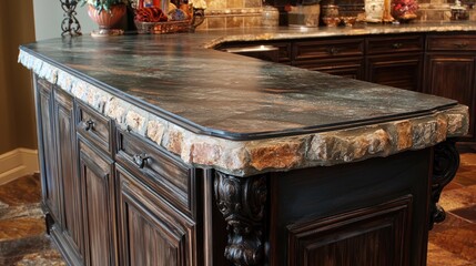 Granite countertop kitchen island detail, rustic cabinetry, home design