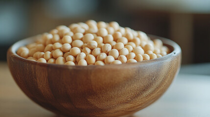 Wall Mural - Closeup of soy beans in wooden bowl. raw organic vegetarian protein food diet nutrition seed, healthy whole grain vegan ingredient, macro photography of legumes, nature plant agriculture.