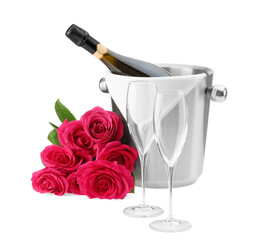 Wall Mural - Bottle of champagne in ice bucket, beautiful roses and empty glasses isolated on white