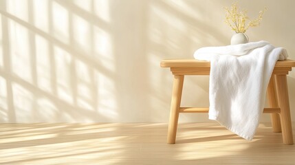 Poster - Minimalist Wooden Cradle Gently Cradles a Soft Blanket in a Serene, Sunlit Room
