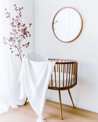 Poster - Minimalist Wooden Cradle With Soft Blanket in Serene and Cozy Nursery Environment